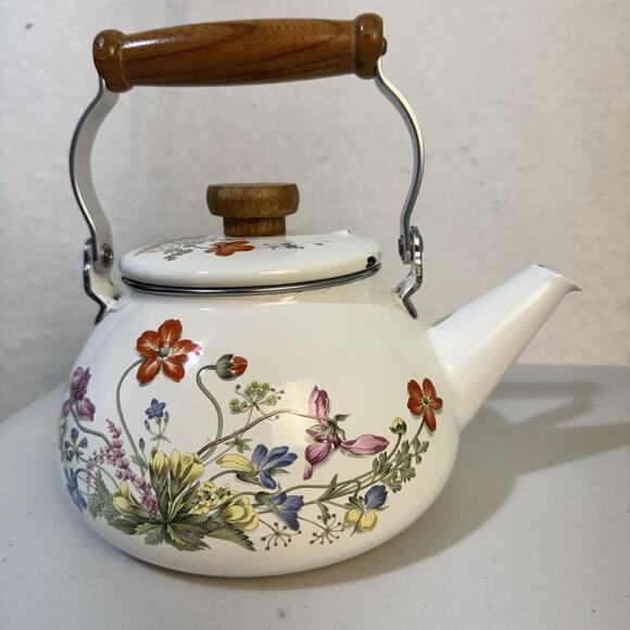 VTG Enamel White Stovetop Tea Pot Kettle Wood Handle Flowers Cottage Garden - Picture 2 of 8